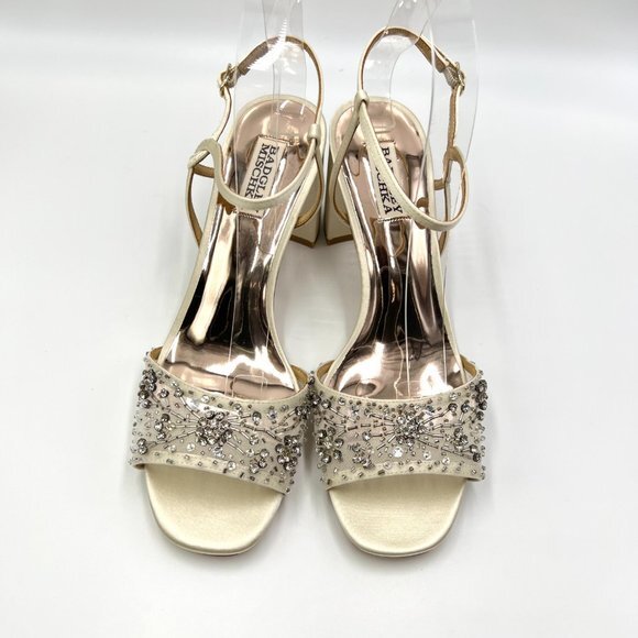 Badgley Mischka Size 8.5 Blaine Ivory Satin Jeweled Dress Sandals Heels Shoes - Picture 2 of 14